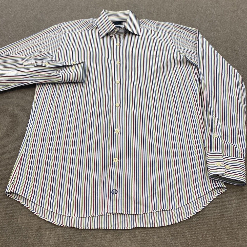 David Donahue Dress Shirt Mens Medium 15.5 - 34/35 Striped‎ Trim Fit Barrel Cuff
